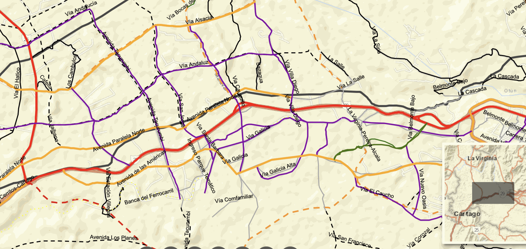 Mapa de vías del corredor de Cerritos, con la Ruta Nacional 29, avenidas paralelas y transversales